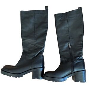 ASOS black leather knee-high boots with 3" heel